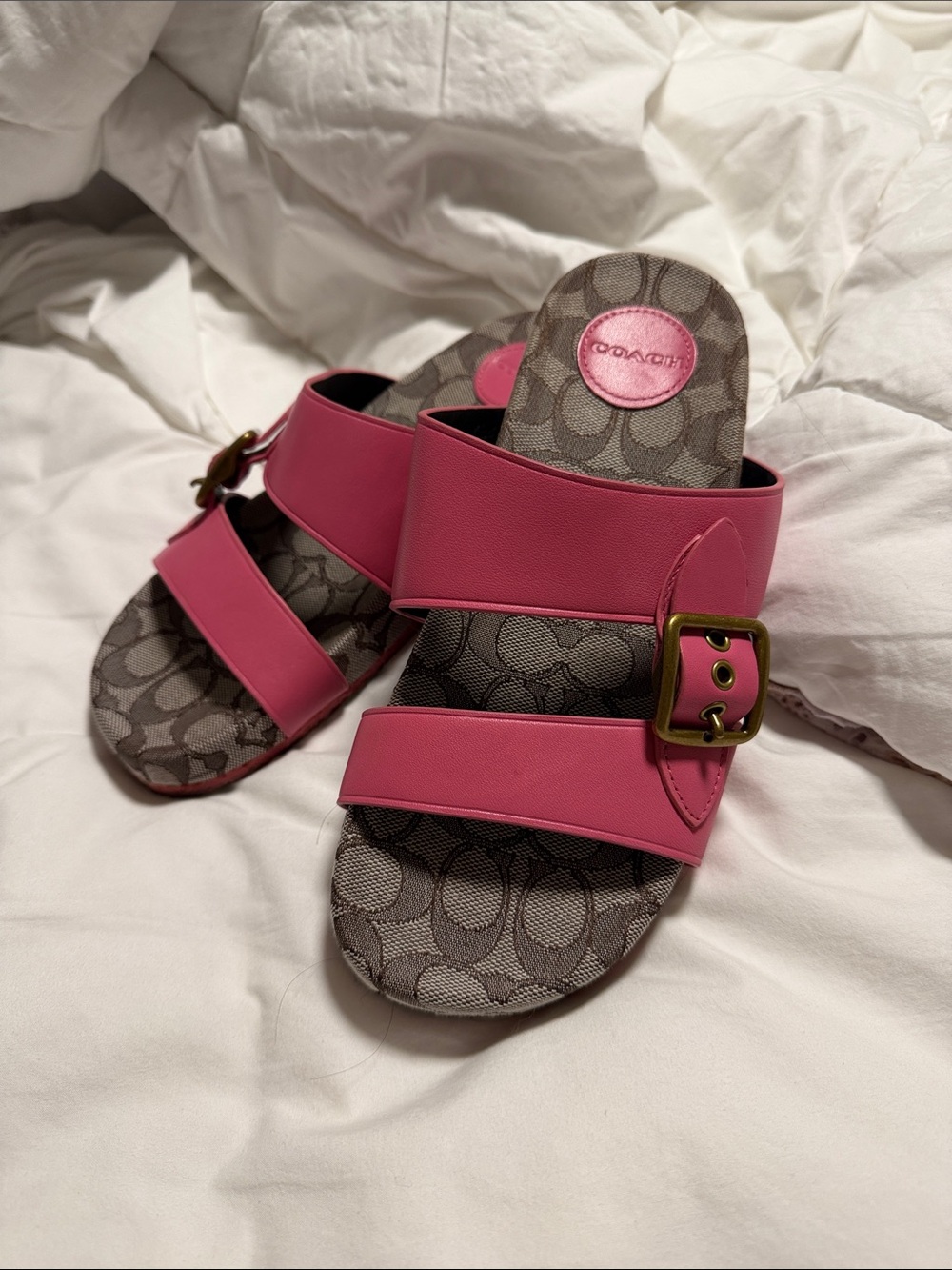 Coach Addison Sandals — Pink Double-Strap Slide Sandals with Signature Print